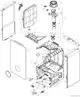 Bosch Gas-Brennwertgerät mit Wandmontage, zerlegt und in Einzelteilen dargestellt. Übersicht der Komponenten und deren Positionierung in der Baugruppe.